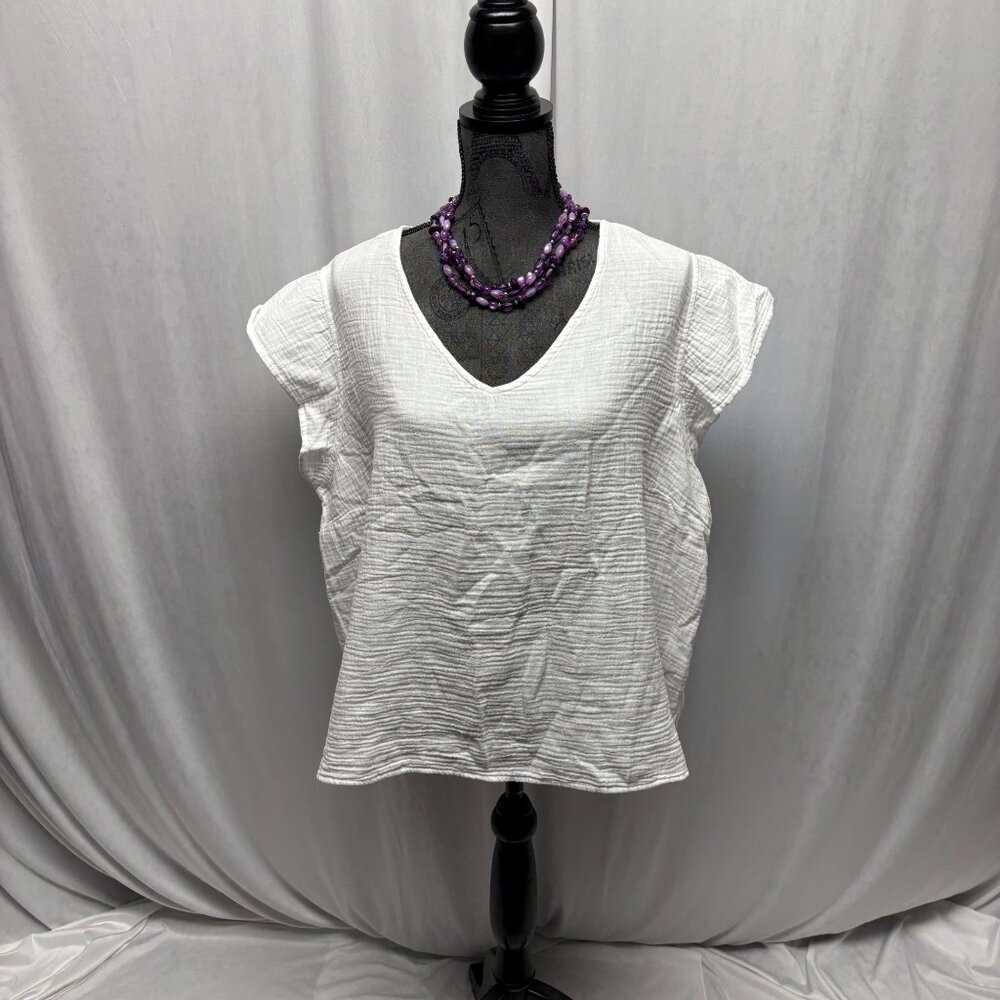 White Textured Cotton Cap Sleeve Top Womens Sz XXL Lightweight Casual Blouse NEW